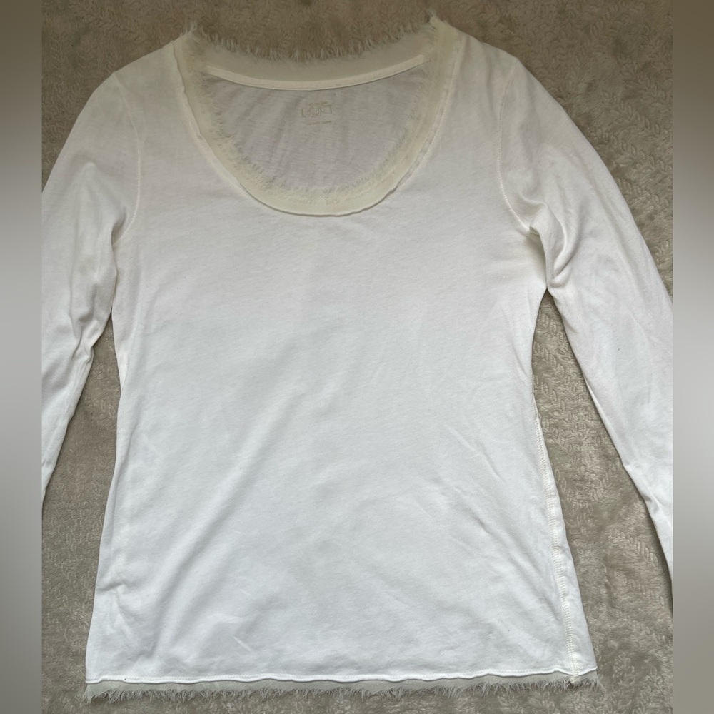 LOFT Women's White & Cream Scoop-Fringe Neck and Hem Long‎ Sleeve Top